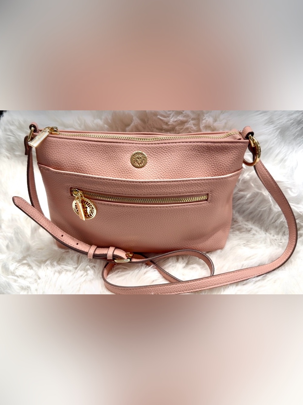 Anne Klein Rose Pink Pebbled Leather Crossbody with Gold Accents.